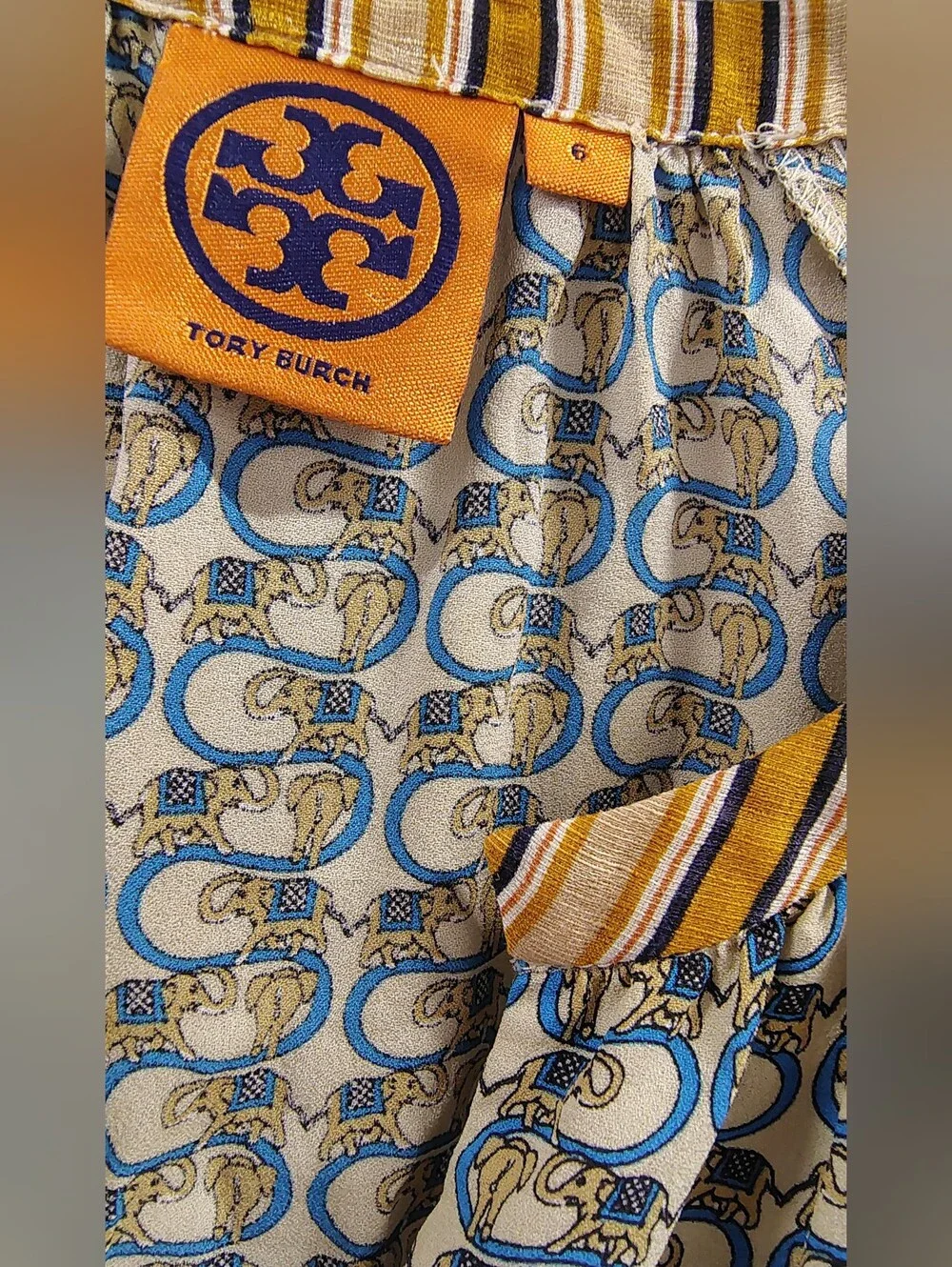 Tory Burch Silk Long-sleeve Relaxed Dress Ties  Waist w Grey Blue Elephants Sz 6
